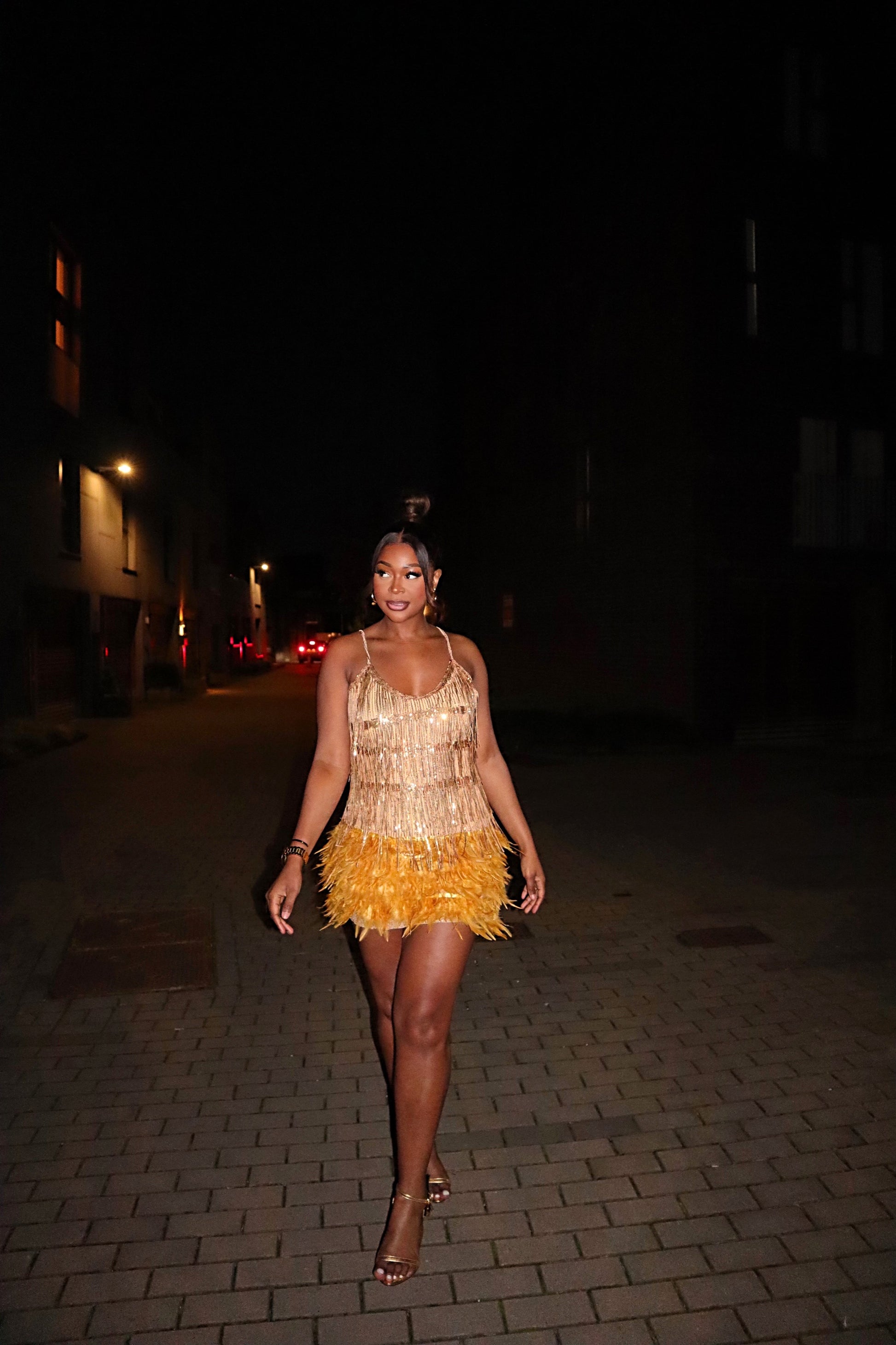 Golden Radiance- Tassel Bodycon Mini Feather Dress Becca Shania Golden Radiance- Tassel Bodycon Mini Feather Dress Becca Shania