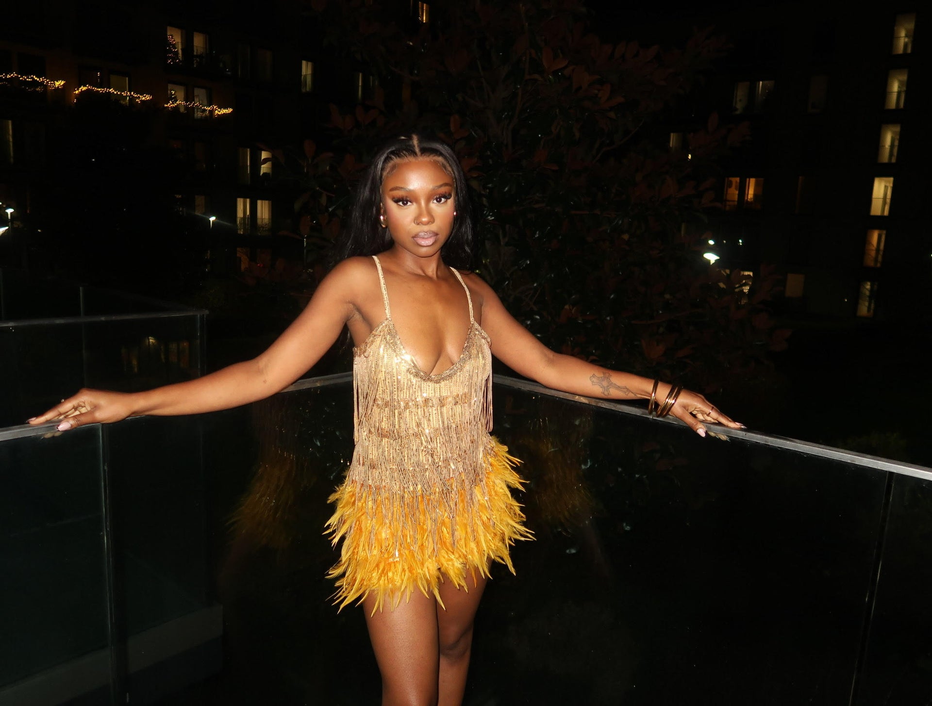 Golden Radiance- Tassel Bodycon Mini Feather Dress  Becca Shania