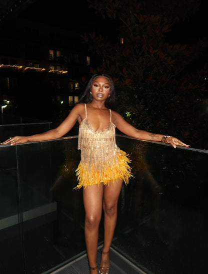 Golden Radiance- Tassel Bodycon Mini Feather Dress – Becca Shania